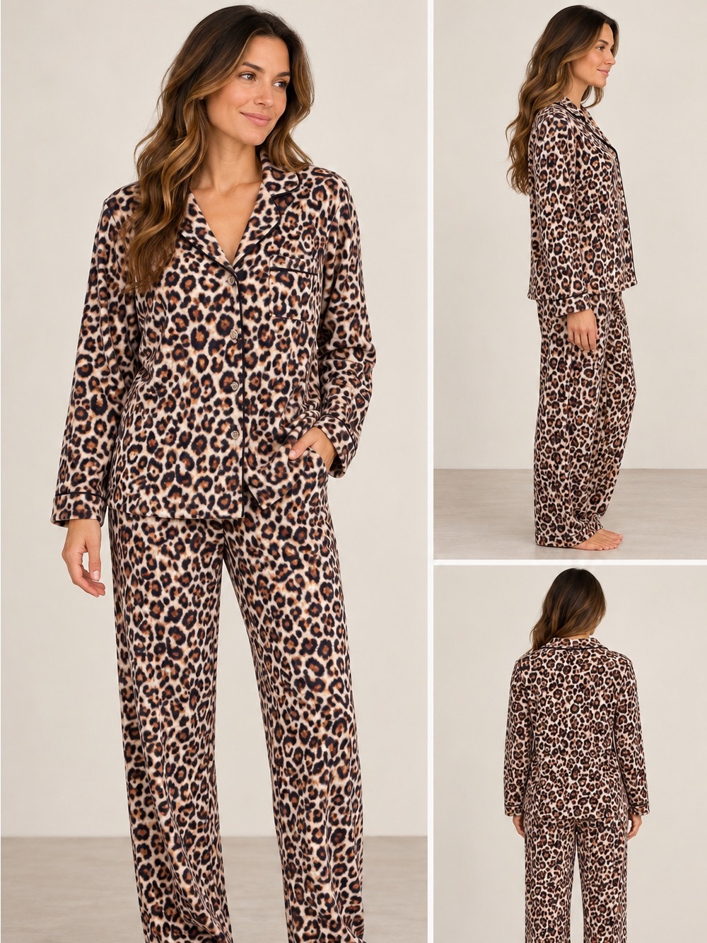 George Leopard-Print Pajama Set in Beige and Brown